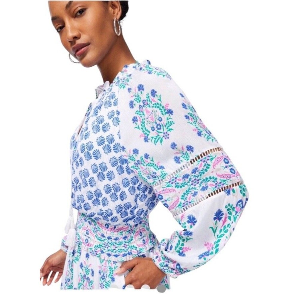 Chicos Ikat Blouson Gauzy Floral Mix Print Boho Maxi Dress Size 3 US Size 16 NWT - Picture 3 of 8